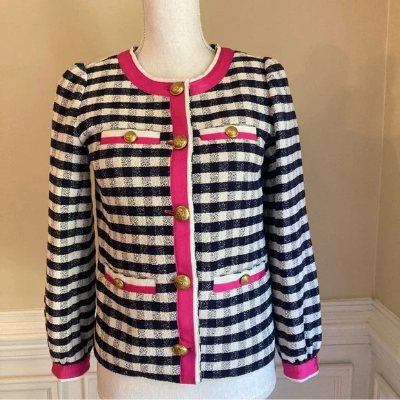 JCREW Navy Blue White Pink Gingham Check Plaid Ribbon Trim Lady Jacket Blazer - Picture 10 of 11